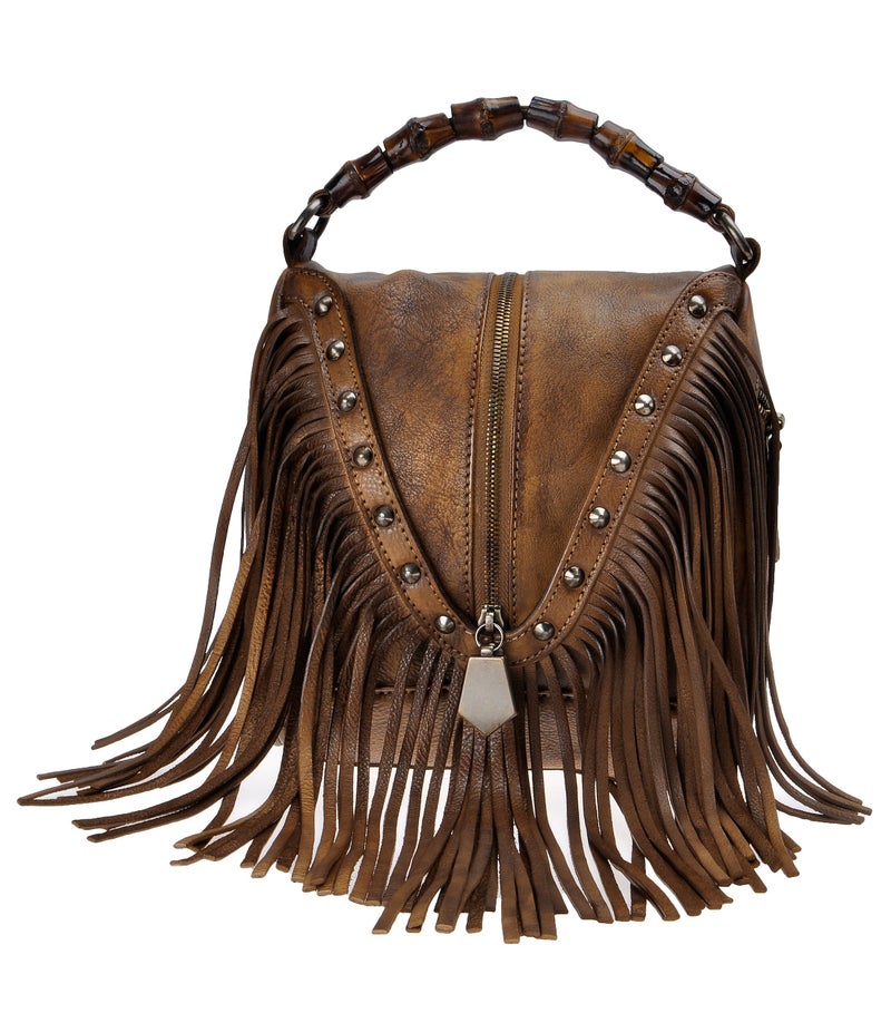 ZLYC Women's Leather Bamboo Hand Strap Featured Fringe Bohemian Tassel Studed Cross Body Bag (Brown) - Image 1